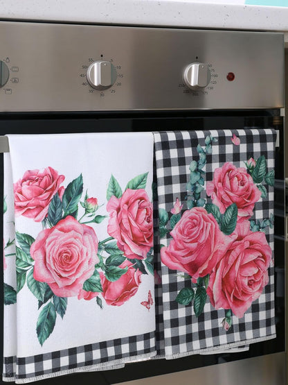 4 Pcs Pink Rose Kitchen Towels Flower Floral Hand Dish Towels Pink Buffalo Plaid Absorbent Dishcloth Fast Drying Decor Housewarming Gift for Women Mom Cooking Kitchen Bathroom