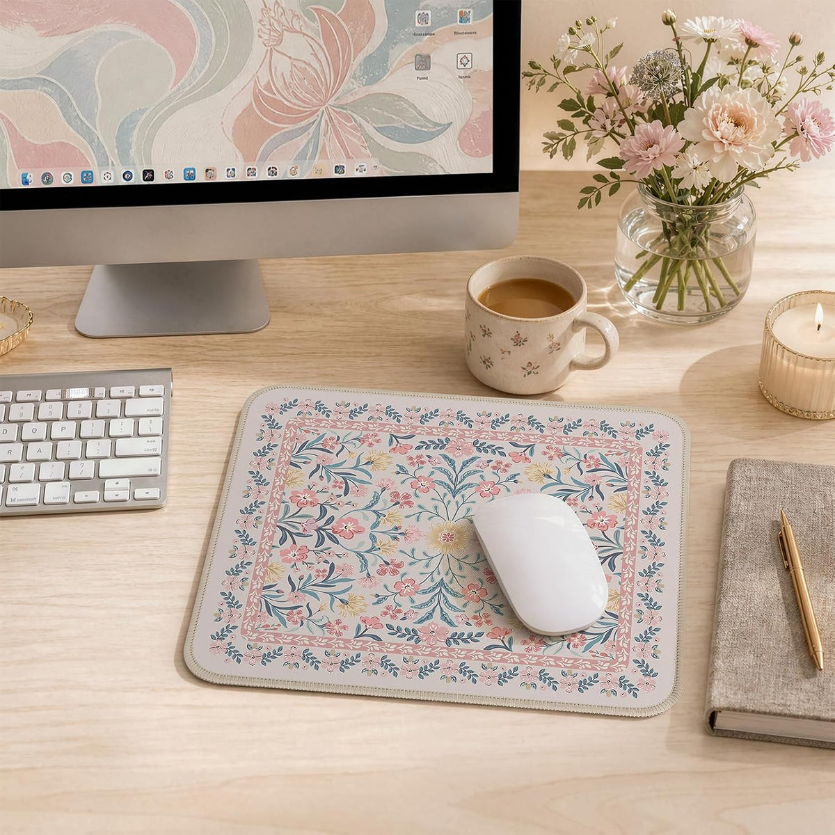 Aesthetic Small Mouse Pad, 9.5x7.9in,Home Office, Pink Floral