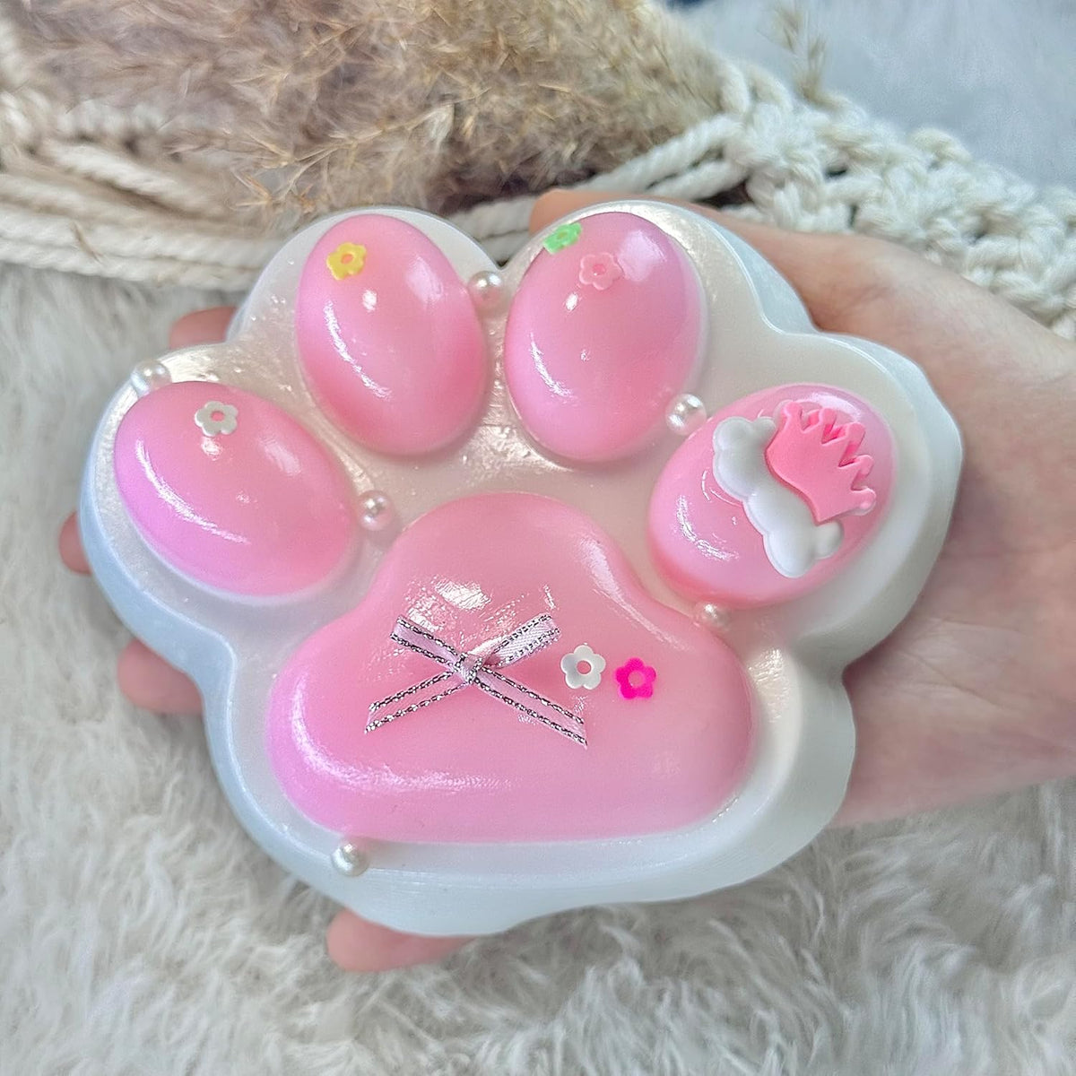 Big Taba Squishy Cat Paw, 5 in Large Paw Squeeze Toy Pink & White for Stress Relief and Relax, Sticky Squishies Fidget Toys for Party Favors Novelty Things Birthday Gift