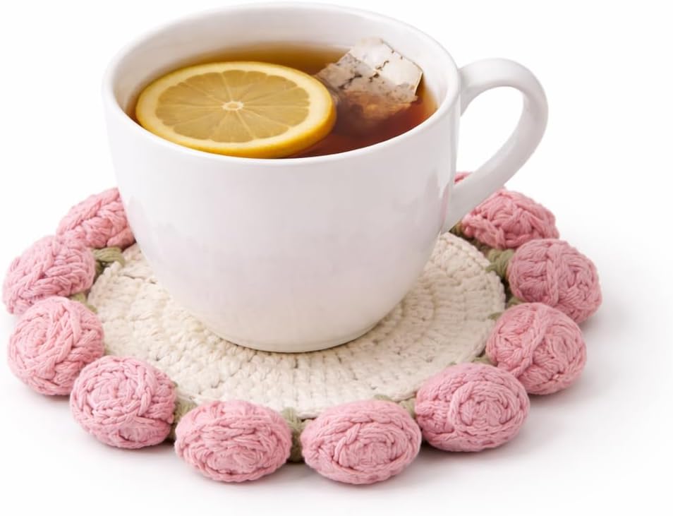 Handmade Crochet Coaster Set with Mini Basket | Boho Floral Rose Coasters for Coffee Table, Wedding Gift, Housewarming & Birthday Décor (Pattern 4)