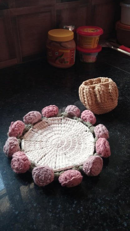 Handmade Crochet Coaster Set with Mini Basket | Boho Floral Rose Coasters for Coffee Table, Wedding Gift, Housewarming & Birthday Décor (Pattern 4)