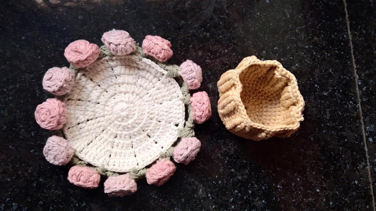 Handmade Crochet Coaster Set with Mini Basket | Boho Floral Rose Coasters for Coffee Table, Wedding Gift, Housewarming & Birthday Décor (Pattern 4)