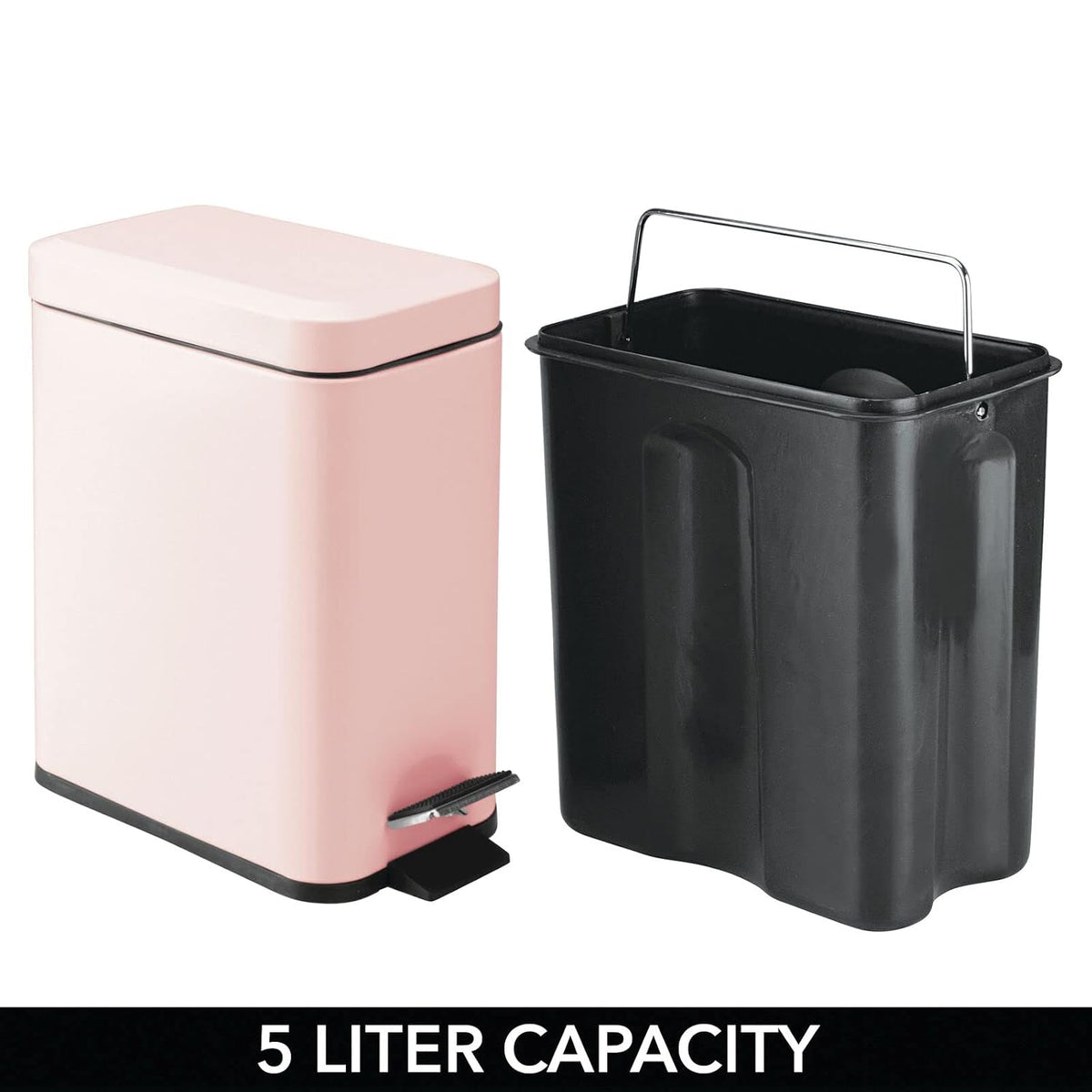 Small Modern 1.3 Gallon Rectangle Metal Lidded Step Trash Can, Compact Garbage Bin with Removable Liner Bucket and Handle for Bathroom, Kitchen, Craft Room, Office, Garage - Light Pink
