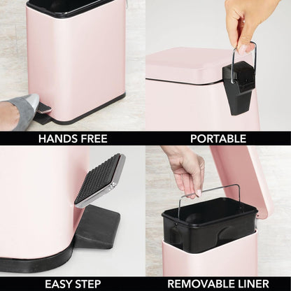 Small Modern 1.3 Gallon Rectangle Metal Lidded Step Trash Can, Compact Garbage Bin with Removable Liner Bucket and Handle for Bathroom, Kitchen, Craft Room, Office, Garage - Light Pink