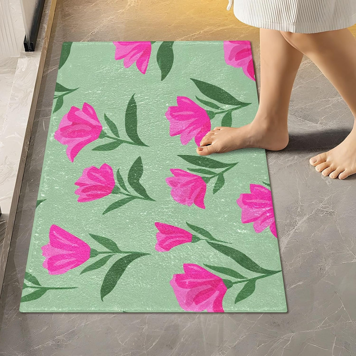 Pink Flowers Bathroom Rug, Non Slip Dry Quickly Bath Mat, Absorbent Soft Bath Rug, Home Decor Accessories, 24"x16"