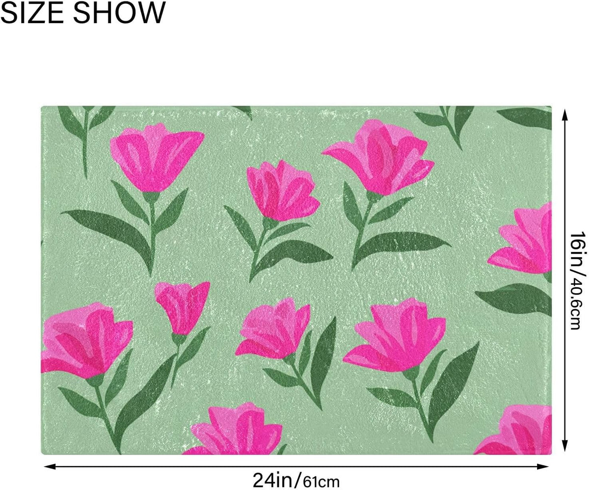 Pink Flowers Bathroom Rug, Non Slip Dry Quickly Bath Mat, Absorbent Soft Bath Rug, Home Decor Accessories, 24"x16"