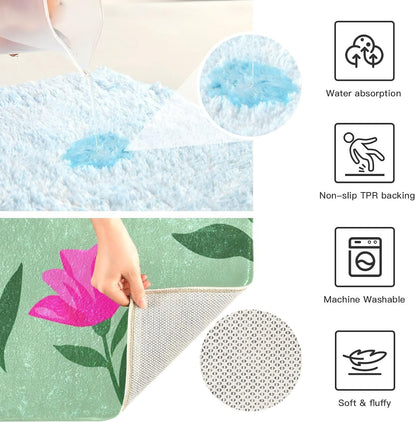Pink Flowers Bathroom Rug, Non Slip Dry Quickly Bath Mat, Absorbent Soft Bath Rug, Home Decor Accessories, 24"x16"