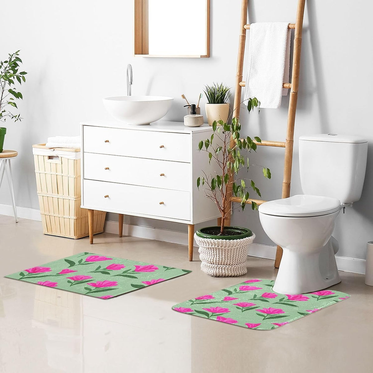 Pink Flowers Bathroom Rug, Non Slip Dry Quickly Bath Mat, Absorbent Soft Bath Rug, Home Decor Accessories, 24"x16"