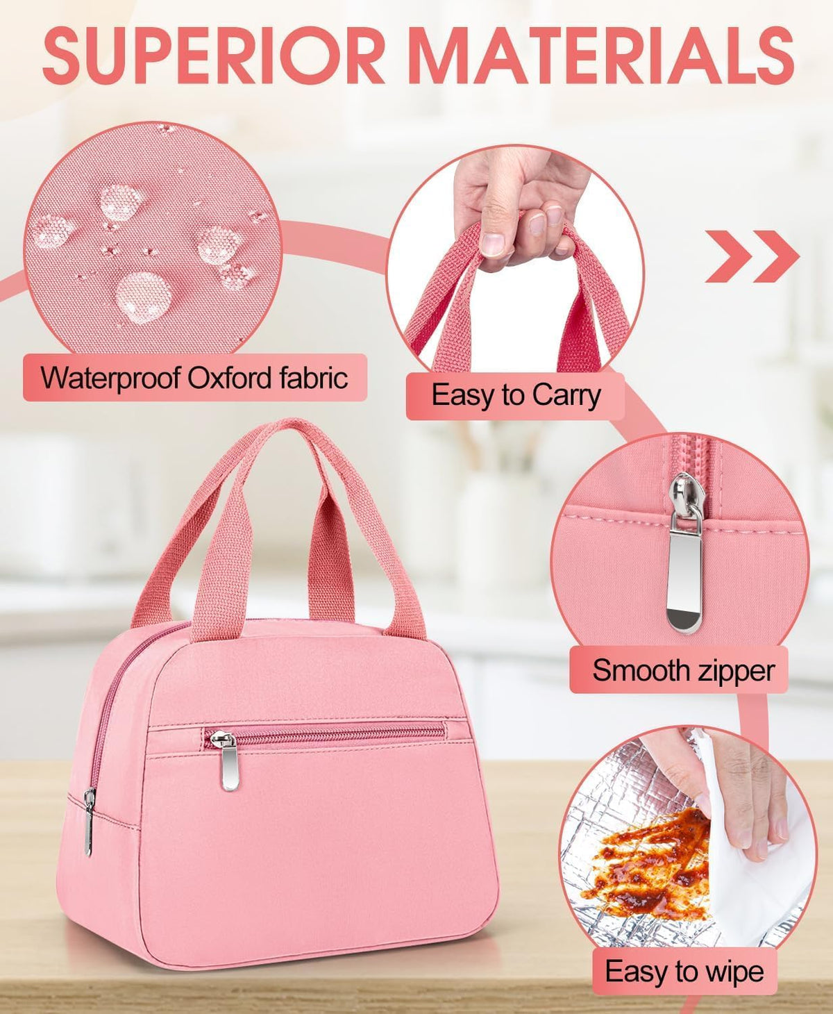 Insulated Lunch Bag for Women Men Adults Lunch Tote with Front Pocket Lunch Box Container Cooler Bag for Work Picnic (Pink)
