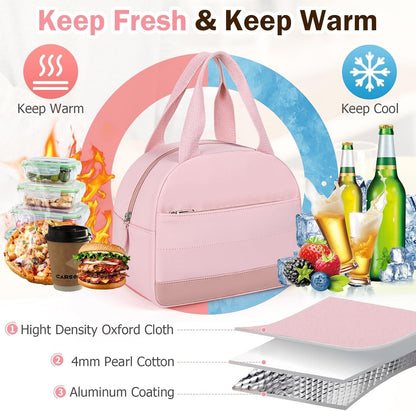 Insulated Lunch Bag for Women Men Adults Lunch Tote with Front Pocket Lunch Box Container Cooler Bag for Work Picnic (Pink)