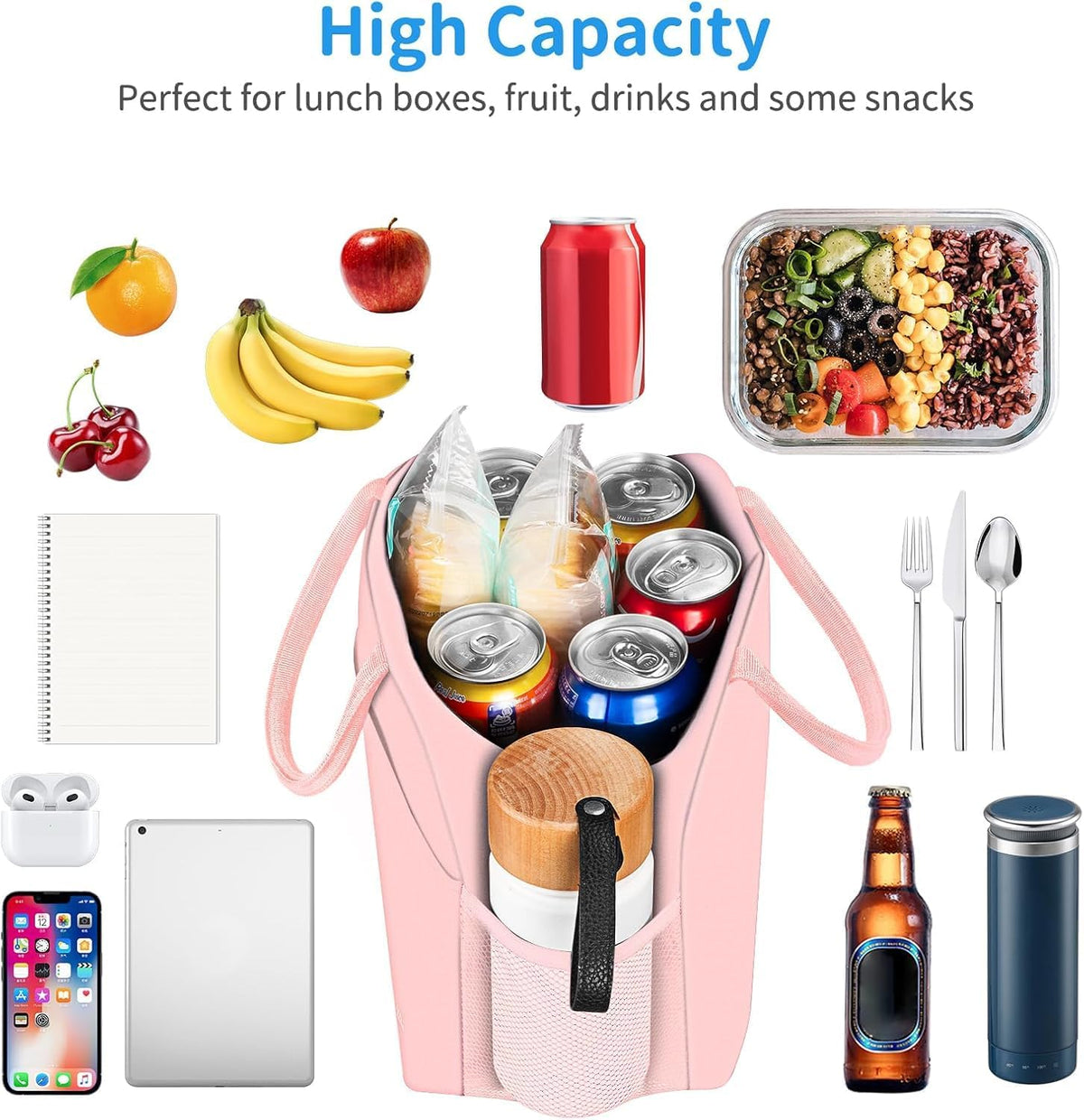 Insulated Lunch Bag for Women Men Adults Lunch Tote with Front Pocket Lunch Box Container Cooler Bag for Work Picnic (Pink)