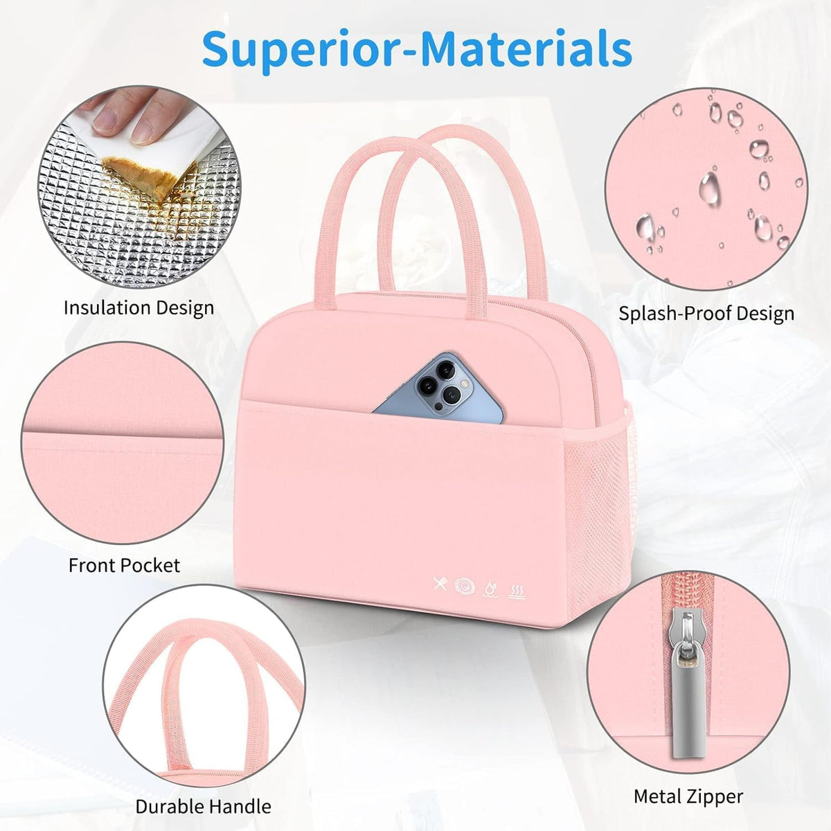 Insulated Lunch Bag for Women Men Adults Lunch Tote with Front Pocket Lunch Box Container Cooler Bag for Work Picnic (Pink)