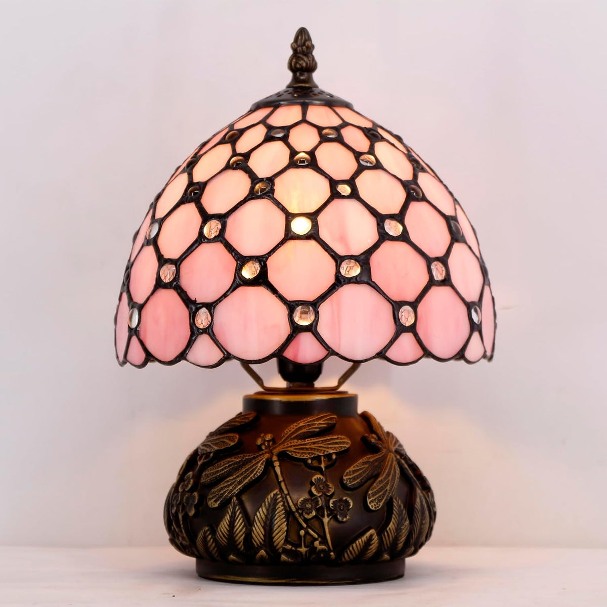 Small Tiffany Lamp Pink Stained Glass Mushroom Table Lamp 11Inch