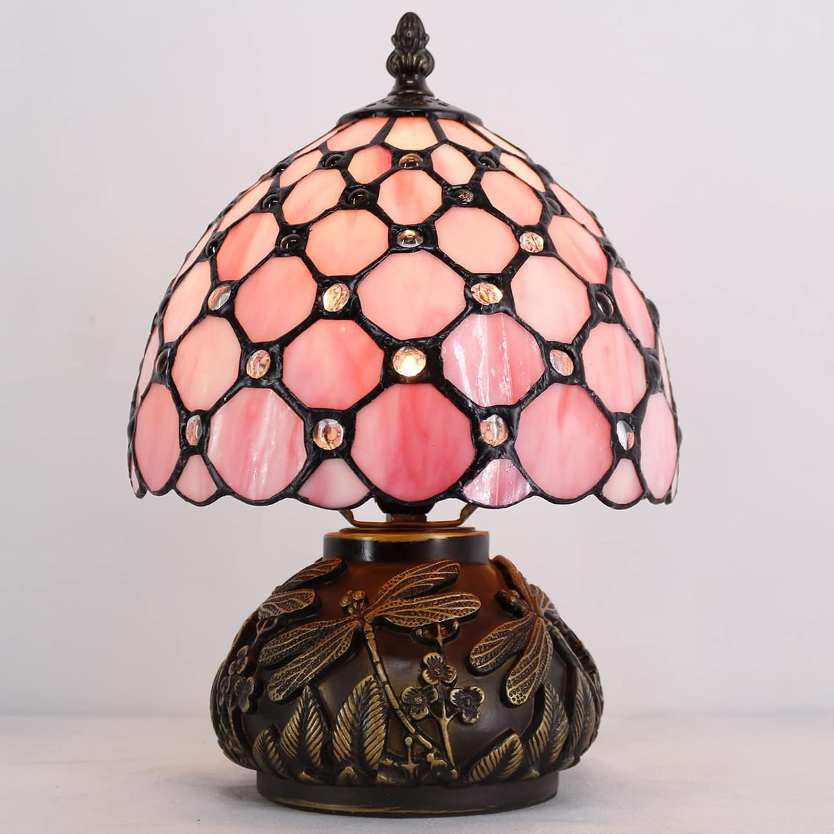 Small Tiffany Lamp Pink Stained Glass Mushroom Table Lamp 11Inch