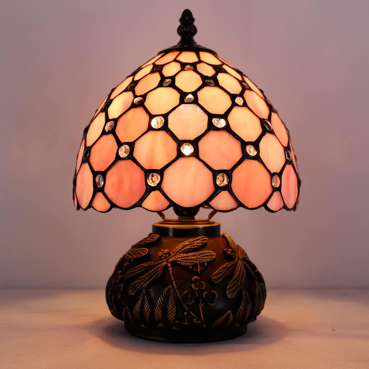 Small Tiffany Lamp Pink Stained Glass Mushroom Table Lamp 11Inch