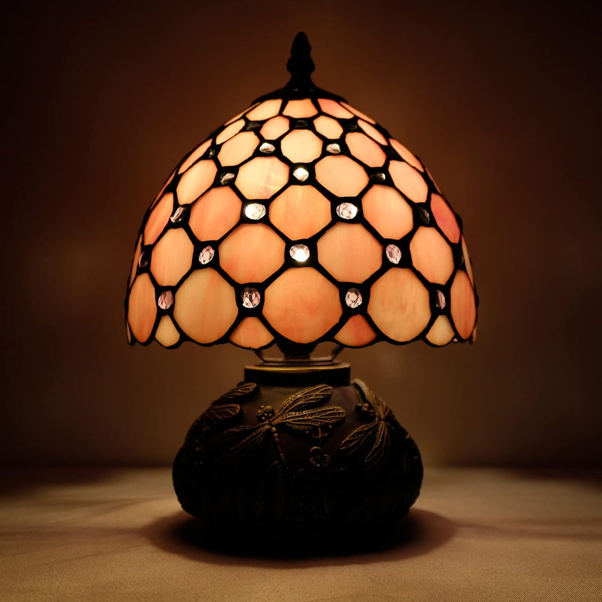 Small Tiffany Lamp Pink Stained Glass Mushroom Table Lamp 11Inch