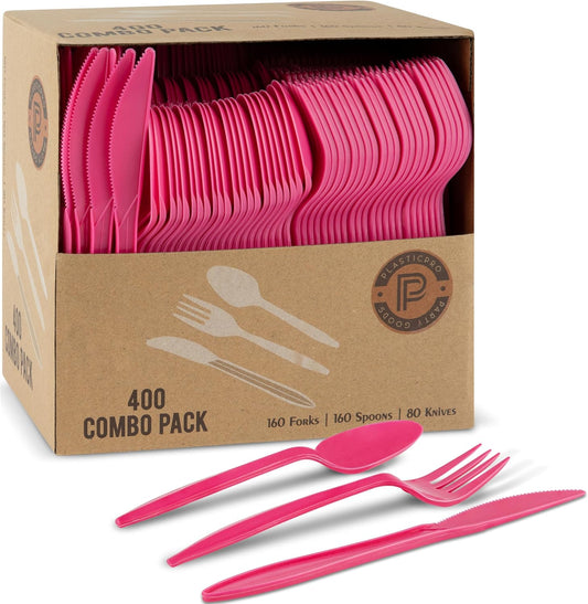 400 Pack Disposable Plastic Utensils Assorted Colored Cutlery Combo Set Forks Spoons Knives Silverware, Pink Plastic Cutlery for Parties