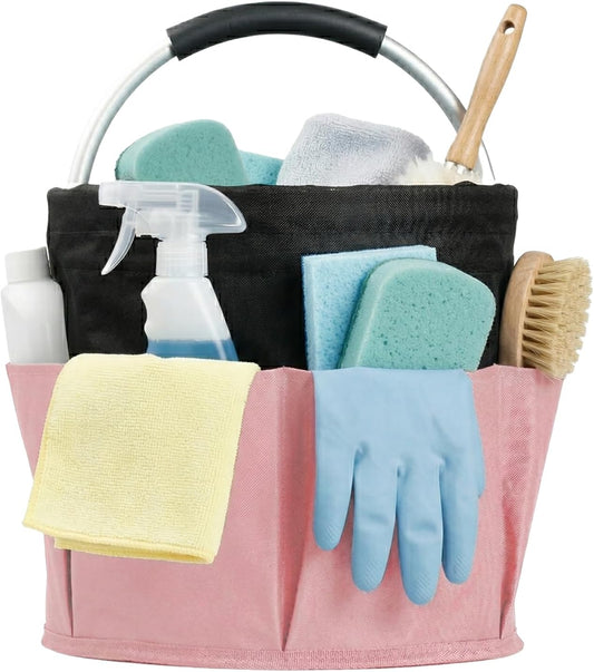 Portable Cleaning Organizer, 17L Cleaning Bucket, Collapsible Shower Caddy with 6 Pockets for Cleaning Supplies, Bathroom, Kitchen, RV, Dorm, Garden, Black with Pink