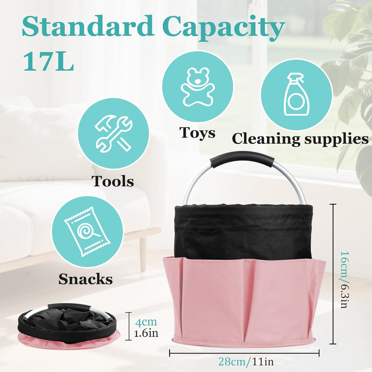 Portable Cleaning Organizer, 17L Cleaning Bucket, Collapsible Shower Caddy with 6 Pockets for Cleaning Supplies, Bathroom, Kitchen, RV, Dorm, Garden, Black with Pink