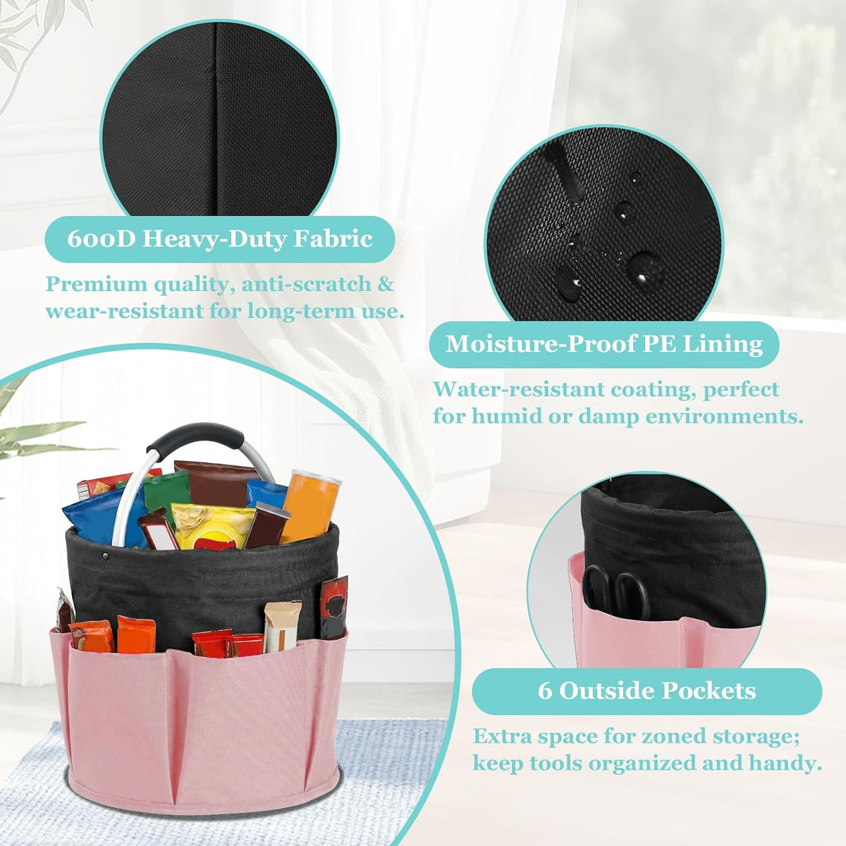 Portable Cleaning Organizer, 17L Cleaning Bucket, Collapsible Shower Caddy with 6 Pockets for Cleaning Supplies, Bathroom, Kitchen, RV, Dorm, Garden, Black with Pink