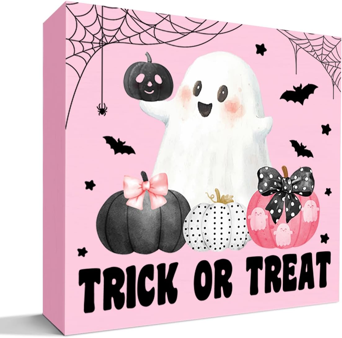 Trick or Treat Sign, Pink Halloween Ghost Decor for Home Office Table Shelf Candy Bar Wooden Box Sign