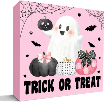 Trick or Treat Sign, Pink Halloween Ghost Decor for Home Office Table Shelf Candy Bar Wooden Box Sign