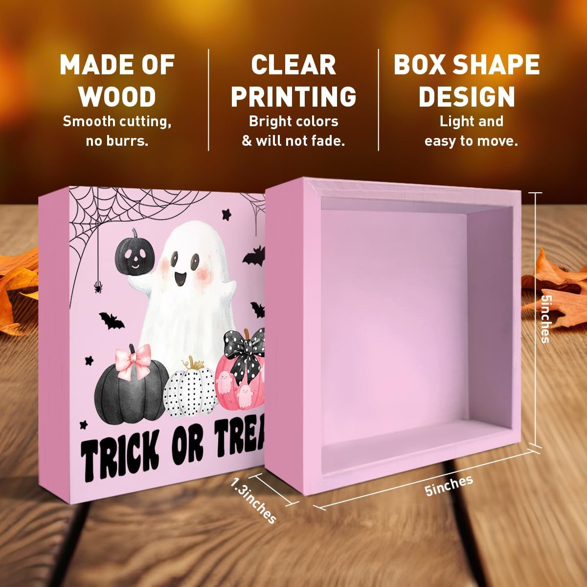 Trick or Treat Sign, Pink Halloween Ghost Decor for Home Office Table Shelf Candy Bar Wooden Box Sign
