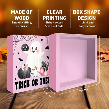Trick or Treat Sign, Pink Halloween Ghost Decor for Home Office Table Shelf Candy Bar Wooden Box Sign