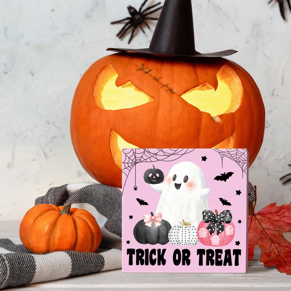 Trick or Treat Sign, Pink Halloween Ghost Decor for Home Office Table Shelf Candy Bar Wooden Box Sign