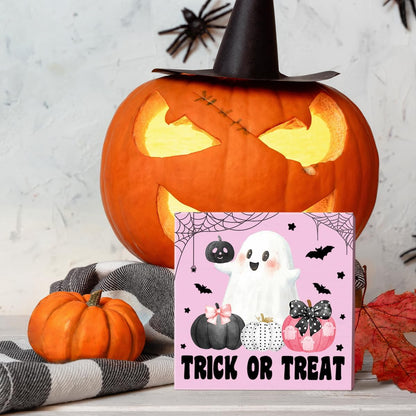 Trick or Treat Sign, Pink Halloween Ghost Decor for Home Office Table Shelf Candy Bar Wooden Box Sign