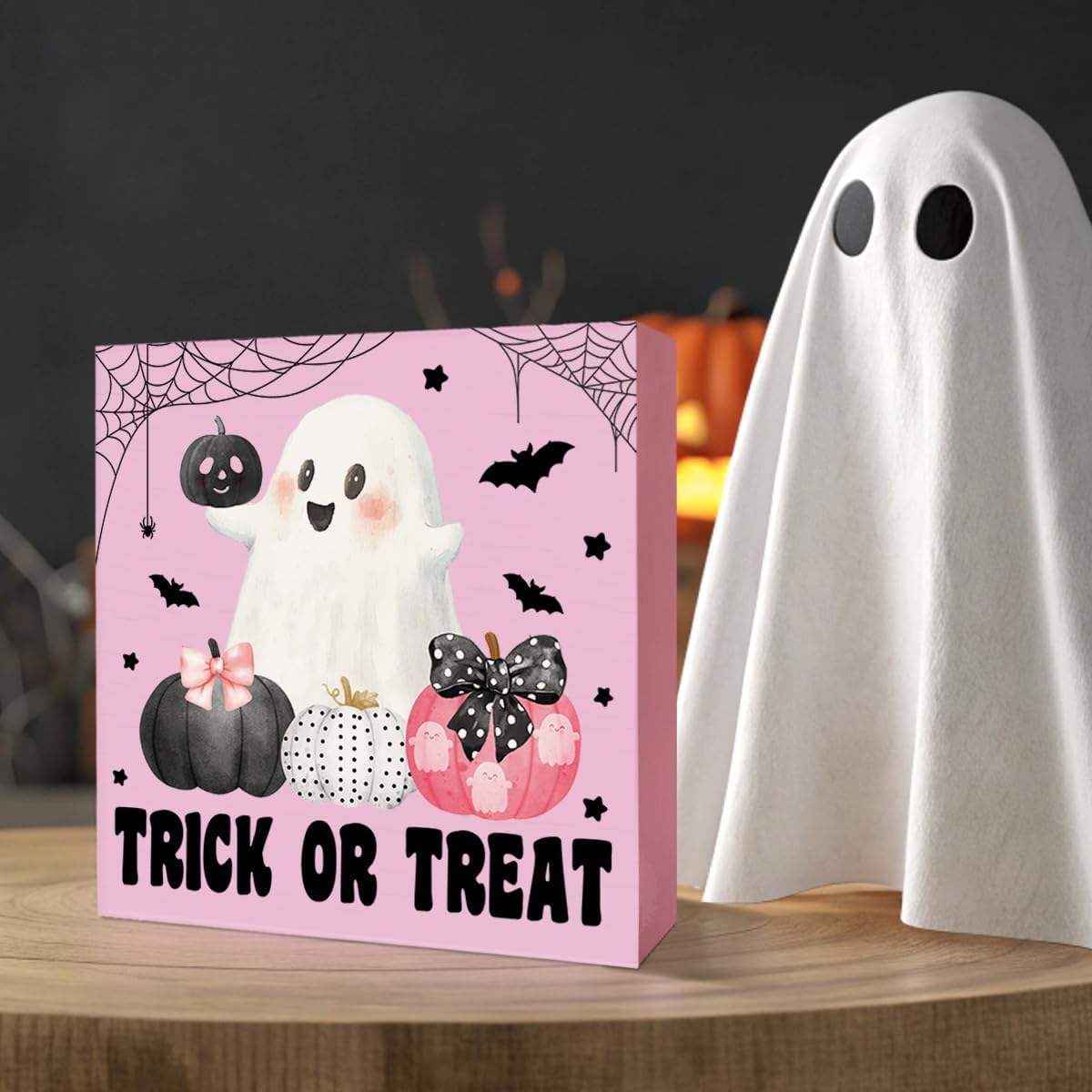 Trick or Treat Sign, Pink Halloween Ghost Decor for Home Office Table Shelf Candy Bar Wooden Box Sign