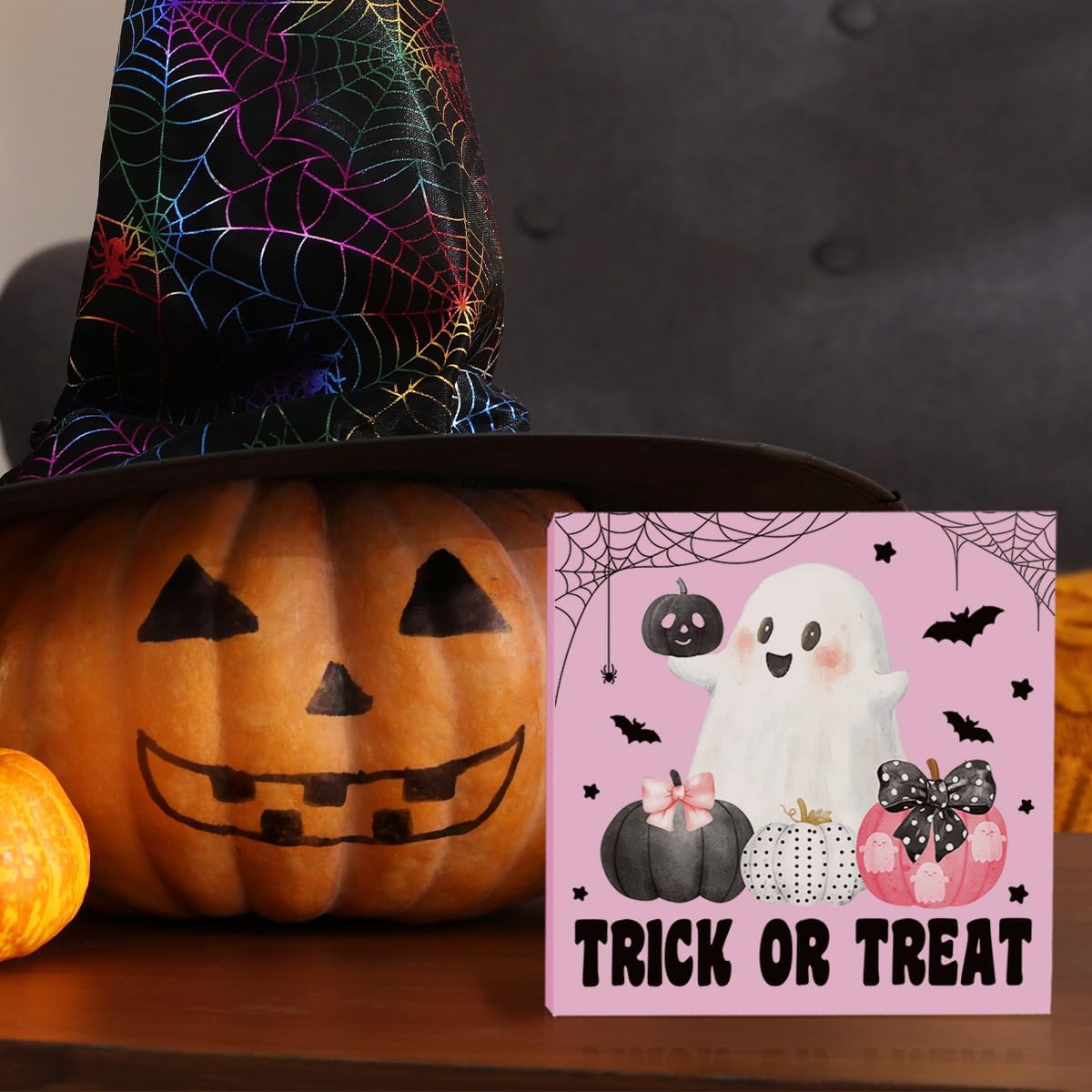 Trick or Treat Sign, Pink Halloween Ghost Decor for Home Office Table Shelf Candy Bar Wooden Box Sign