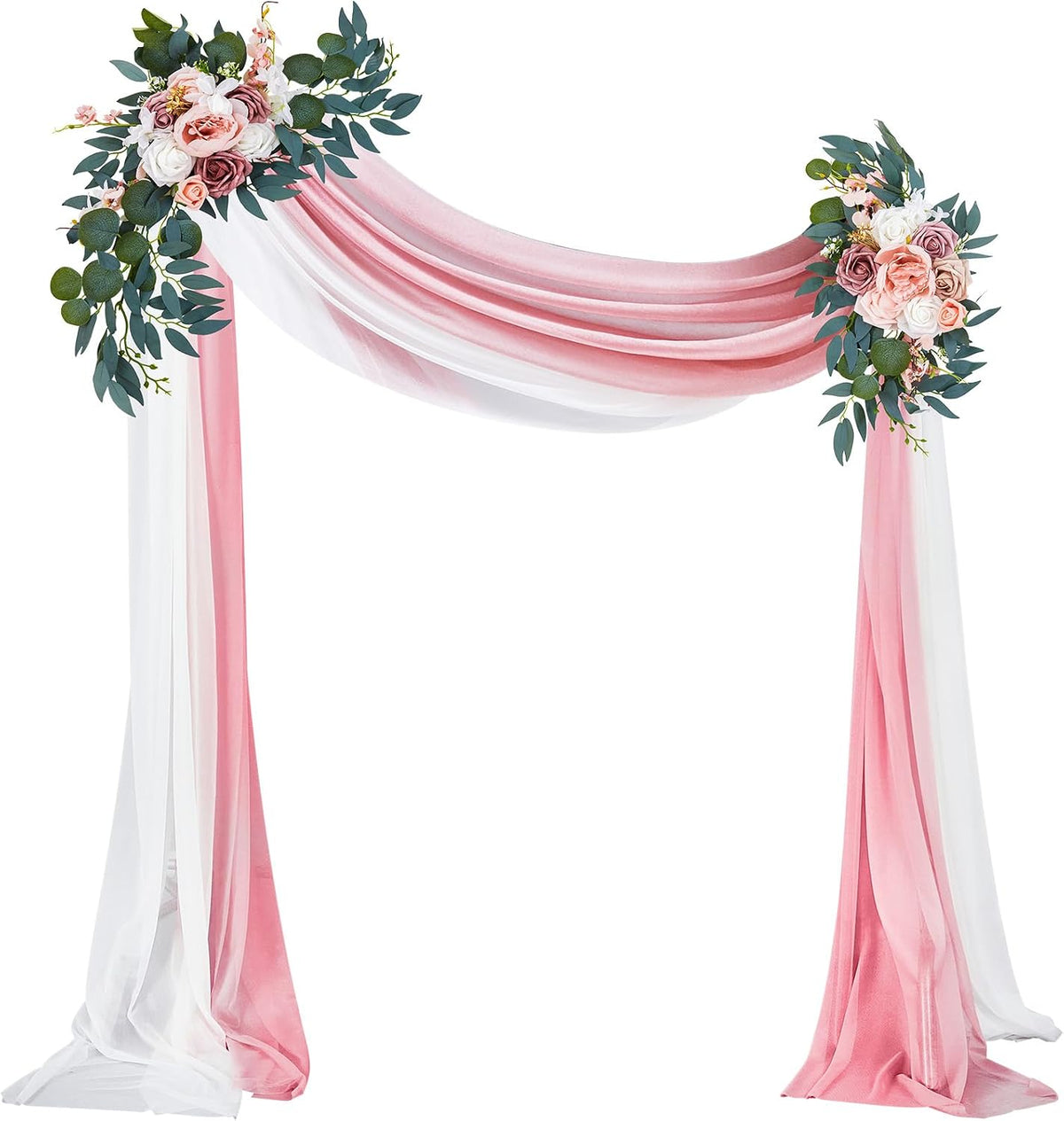 Thiccywoov 4 Pcs Wedding Arch Flowers and Drape Kit Include 2 Artificial Floral Swag and 2 Chiffon Drapes, Faux Flower Set for DIY Wedding Party Reception Ceremony Backdrop Rose Decoration (Pink)
