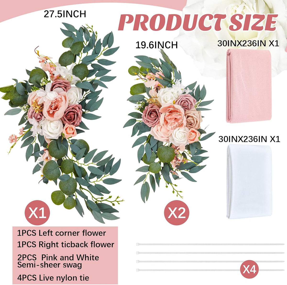 Thiccywoov 4 Pcs Wedding Arch Flowers and Drape Kit Include 2 Artificial Floral Swag and 2 Chiffon Drapes, Faux Flower Set for DIY Wedding Party Reception Ceremony Backdrop Rose Decoration (Pink)