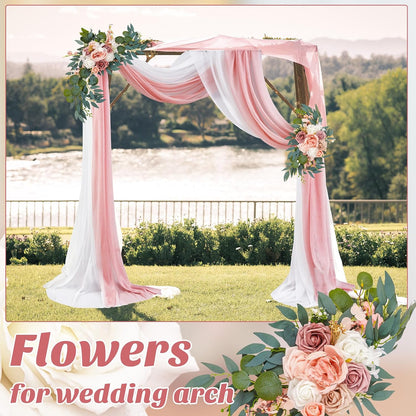Thiccywoov 4 Pcs Wedding Arch Flowers and Drape Kit Include 2 Artificial Floral Swag and 2 Chiffon Drapes, Faux Flower Set for DIY Wedding Party Reception Ceremony Backdrop Rose Decoration (Pink)