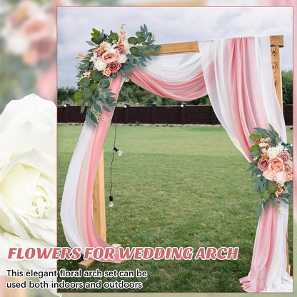Thiccywoov 4 Pcs Wedding Arch Flowers and Drape Kit Include 2 Artificial Floral Swag and 2 Chiffon Drapes, Faux Flower Set for DIY Wedding Party Reception Ceremony Backdrop Rose Decoration (Pink)
