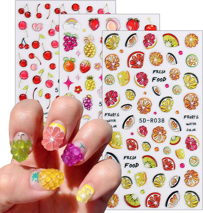 Fruit Nail Art Stickers 5D Embossed Luxury Nail Decals Lemon Cherry Grape Peach Pineapple Fruit Nail Design Stickers Designer Nail Art Supplies Manicure Decorations Accessories for Women, 3Sheets