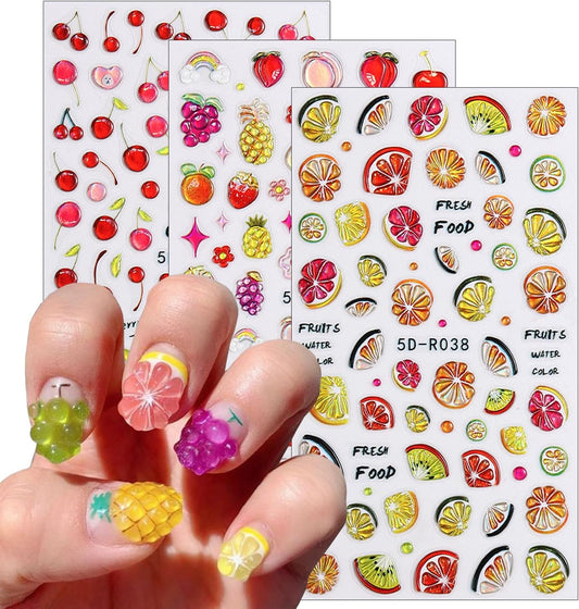 Fruit Nail Art Stickers 5D Embossed Luxury Nail Decals Lemon Cherry Grape Peach Pineapple Fruit Nail Design Stickers Designer Nail Art Supplies Manicure Decorations Accessories for Women, 3Sheets