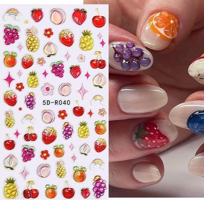 Fruit Nail Art Stickers 5D Embossed Luxury Nail Decals Lemon Cherry Grape Peach Pineapple Fruit Nail Design Stickers Designer Nail Art Supplies Manicure Decorations Accessories for Women, 3Sheets