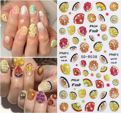 Fruit Nail Art Stickers 5D Embossed Luxury Nail Decals Lemon Cherry Grape Peach Pineapple Fruit Nail Design Stickers Designer Nail Art Supplies Manicure Decorations Accessories for Women, 3Sheets