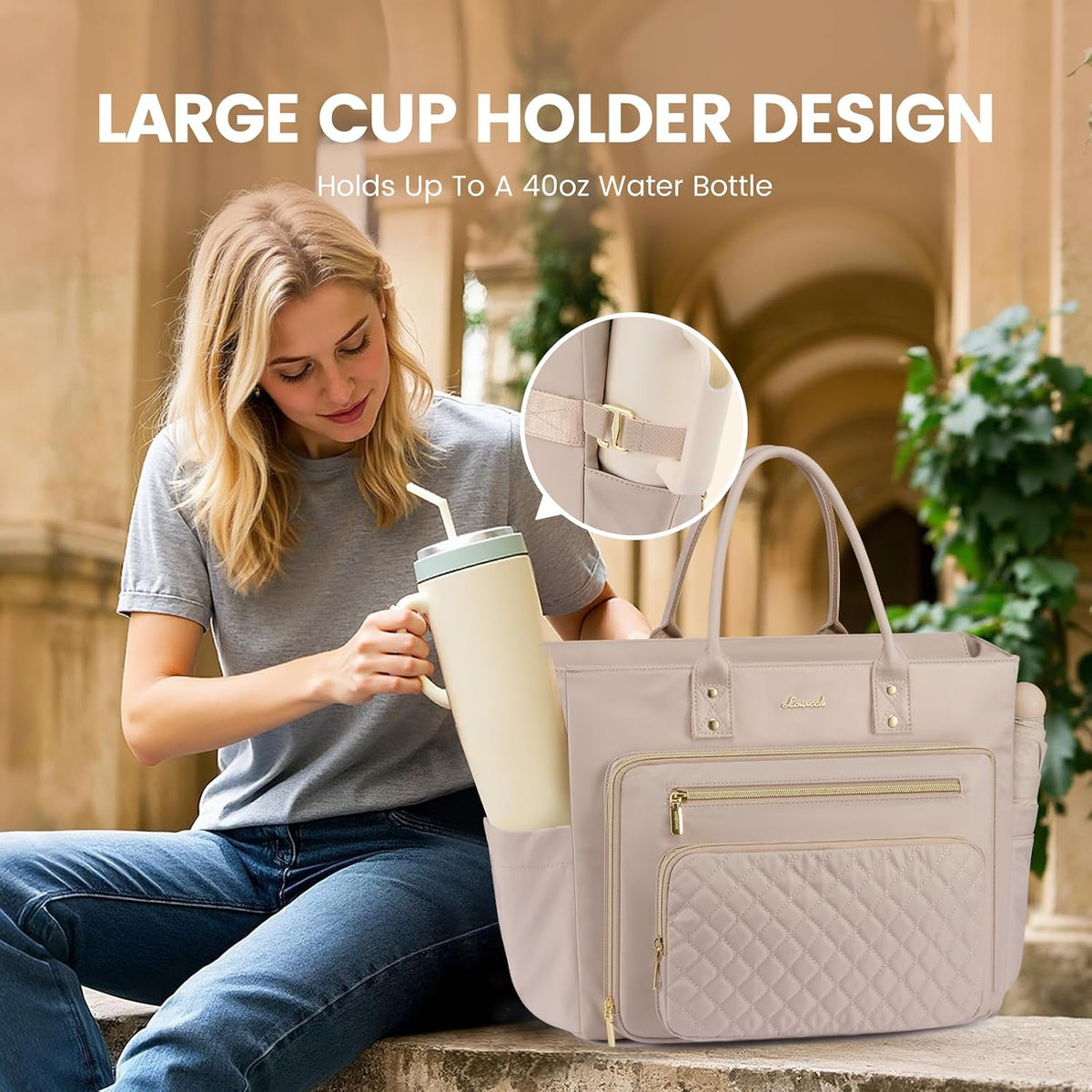 Teacher Tote Bag for Women Work, Laptop Bag With Large Cup Holder, Nurse Bags Professional Briefcase Business Computer Purses Handbag,Light Pink,15.6 Inch