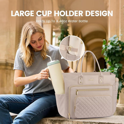 Teacher Tote Bag for Women Work, Laptop Bag With Large Cup Holder, Nurse Bags Professional Briefcase Business Computer Purses Handbag,Light Pink,15.6 Inch