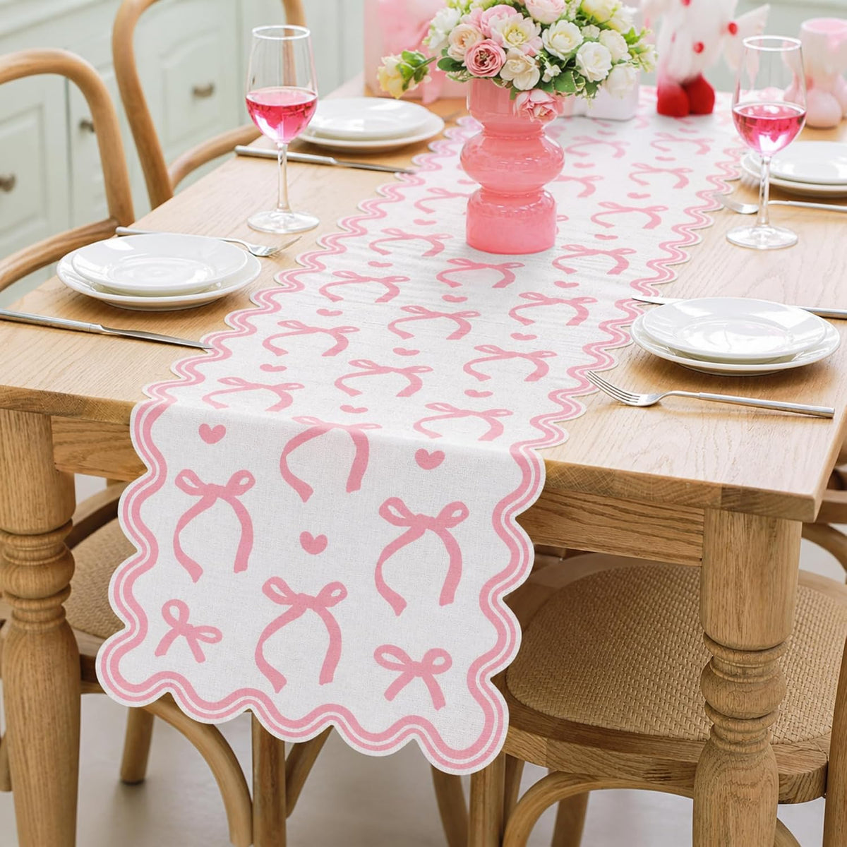 Pink Bow Table Runner 72 Inches Cute Heart Linen Fabric Scalloped Table Runner Coquette Dining Decor for Birthday Baby Shower Party School Home Decor(Bow A)