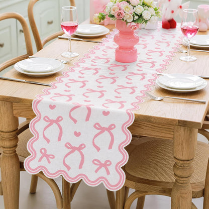 Pink Bow Table Runner 72 Inches Cute Heart Linen Fabric Scalloped Table Runner Coquette Dining Decor for Birthday Baby Shower Party School Home Decor(Bow A)