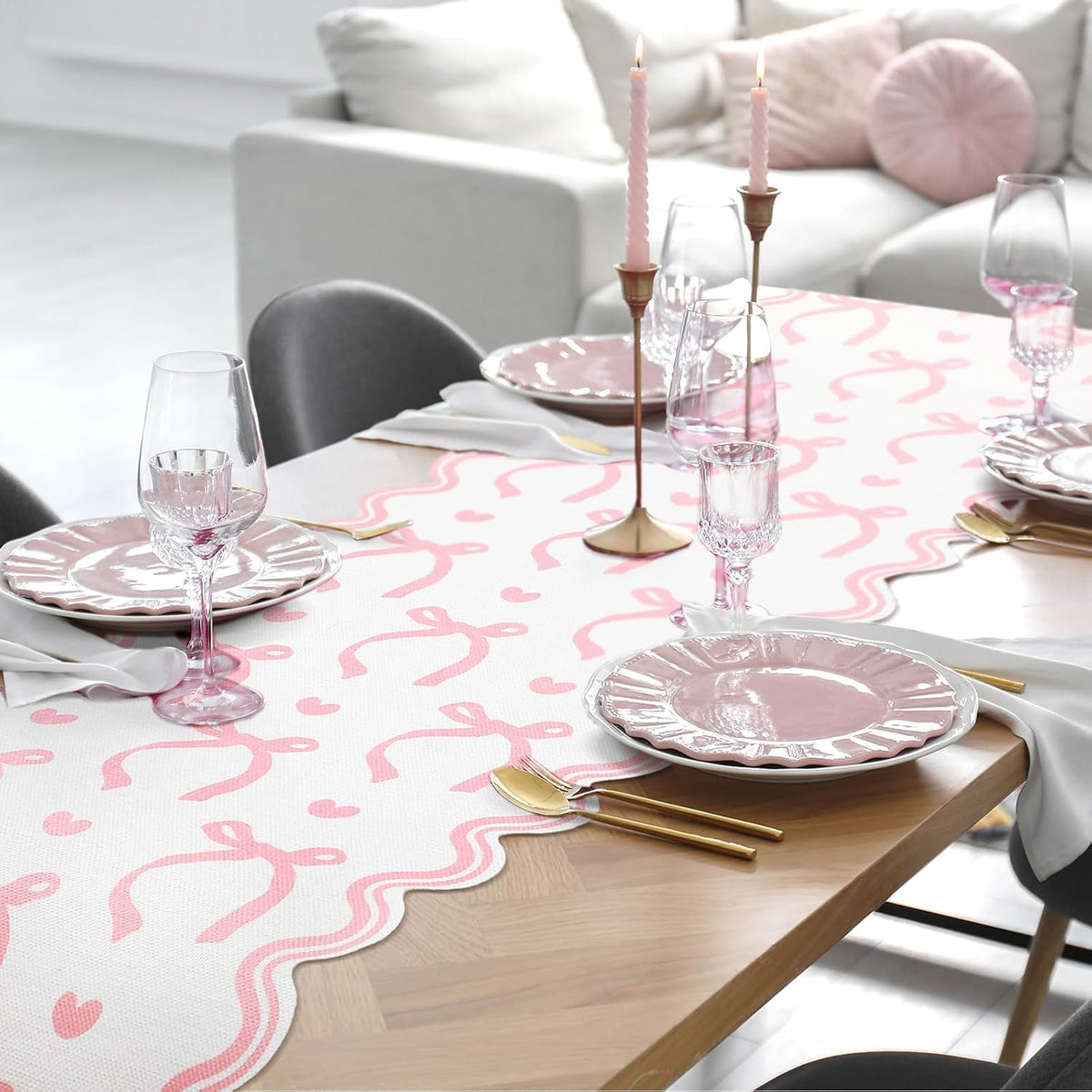 Pink Bow Table Runner 72 Inches Cute Heart Linen Fabric Scalloped Table Runner Coquette Dining Decor for Birthday Baby Shower Party School Home Decor(Bow A)