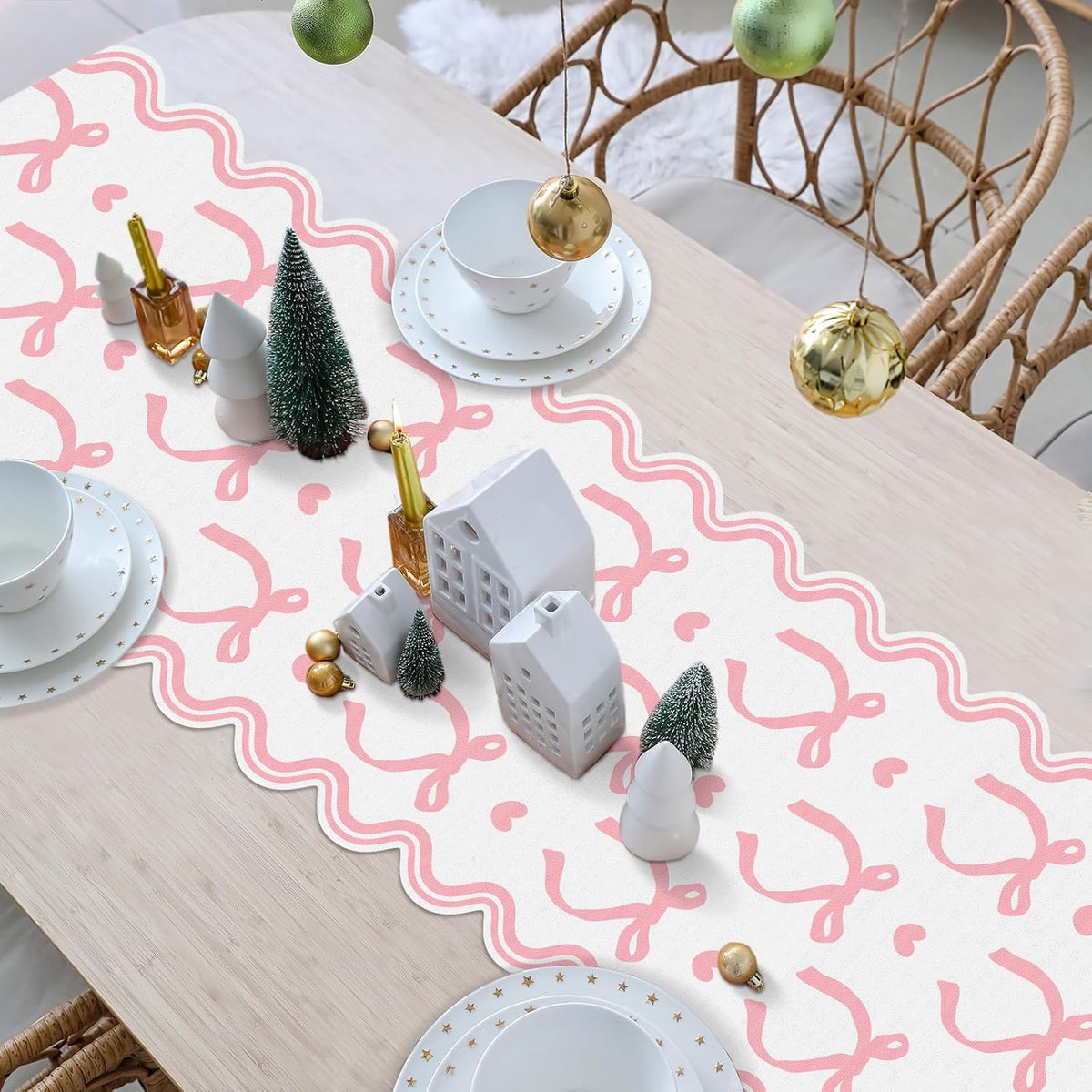 Pink Bow Table Runner 72 Inches Cute Heart Linen Fabric Scalloped Table Runner Coquette Dining Decor for Birthday Baby Shower Party School Home Decor(Bow A)
