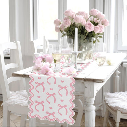 Pink Bow Table Runner 72 Inches Cute Heart Linen Fabric Scalloped Table Runner Coquette Dining Decor for Birthday Baby Shower Party School Home Decor(Bow A)