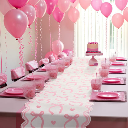 Pink Bow Table Runner 72 Inches Cute Heart Linen Fabric Scalloped Table Runner Coquette Dining Decor for Birthday Baby Shower Party School Home Decor(Bow A)