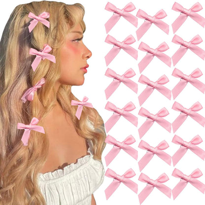 20PCS Pink Mini Bowknot Ribbon Barrettes - Cute Claw Clips for Teens, Women & Girls' Hair Accessories