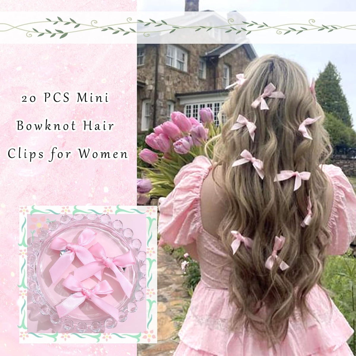 20PCS Pink Mini Bowknot Ribbon Barrettes - Cute Claw Clips for Teens, Women & Girls' Hair Accessories